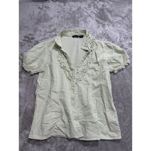 Fashion Web Women's Blouse Top Women's Size Large Green Ruffle Front‎ Button Up